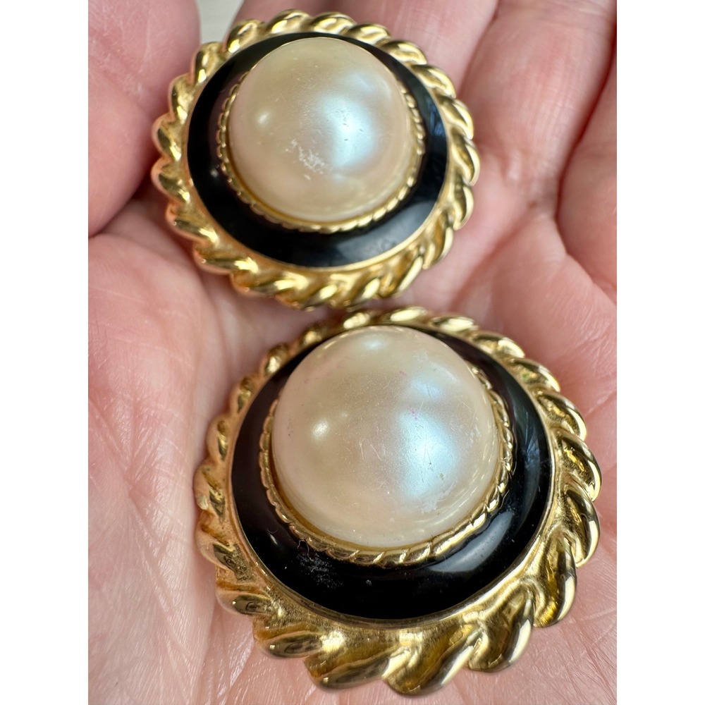 Park Lane Vintage Style Jewelry Set Gold Tone Faux Pearl Black Enamel 4pc Set - Picture 6 of 16